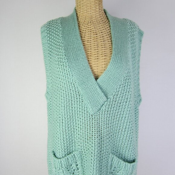 Vtg Jack Winter Women M Mint Green Oversized Sweater Vest V Neck Handknit Textur - Picture 4 of 8